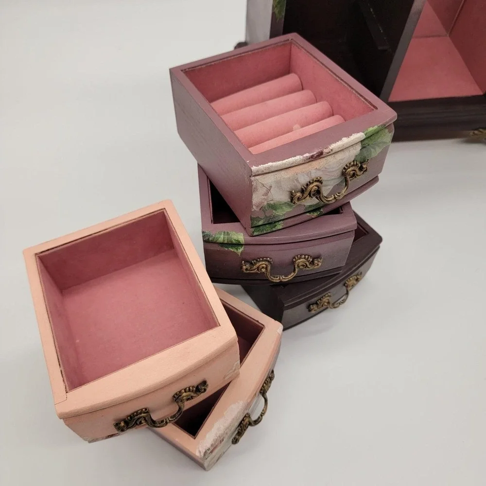 Custom Hand Painted Vintage Wooden Jewelry Box Large Drawers Necklace Carousel